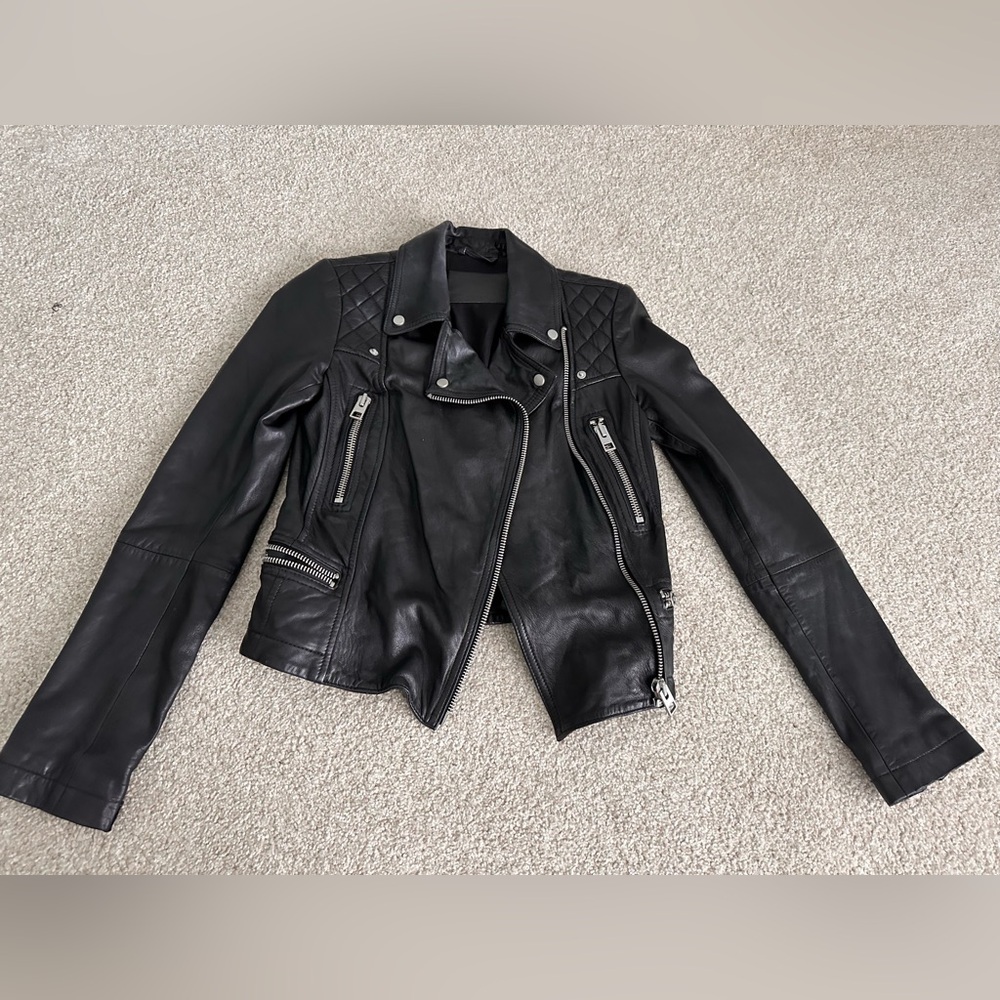 AllSaints Catch Biker Kushiro Jacket Quilted Black Leather Zip Lined Sz: 2 U.S.